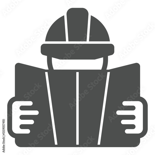 Foreman with project plan solid icon, building construction concept. Vector graphics. Manager man and paper map sign on white background, glyph style icon for mobile or web design.