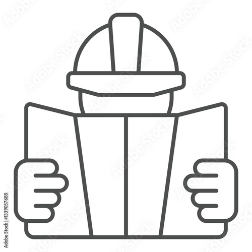 Foreman with project plan thin line icon, building construction concept. Vector graphics. Manager man and paper map sign on white background, outline style icon for mobile or web design.
