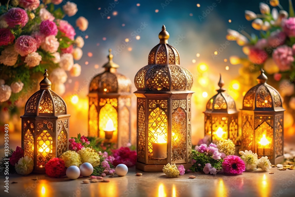 Obraz premium Elegant Eid al-Adha & Ramadan Greeting Card: Lanterns, Flowers, Islamic Design