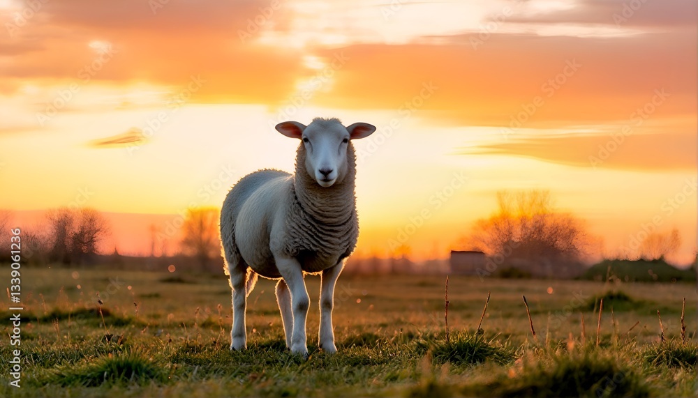 A sheep standing in a field during sunset. A sheep standing in a field during sunset.