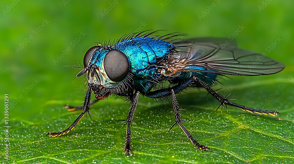 Intricate macro shot of a vibrant blue fly perched on a lush green leaf. Intricate macro shot of a vibrant blue fly perched on a lush green leaf.