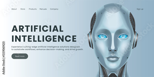 Web banner AI humanoid head front view, AI robot, technology, machine learning, neural network, Artificial Intelligence (AI) landing page concept.