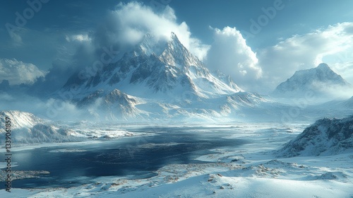 Wallpaper Mural Majestic snow-capped mountain range reflected in a frozen lake under a partly cloudy sky. Torontodigital.ca