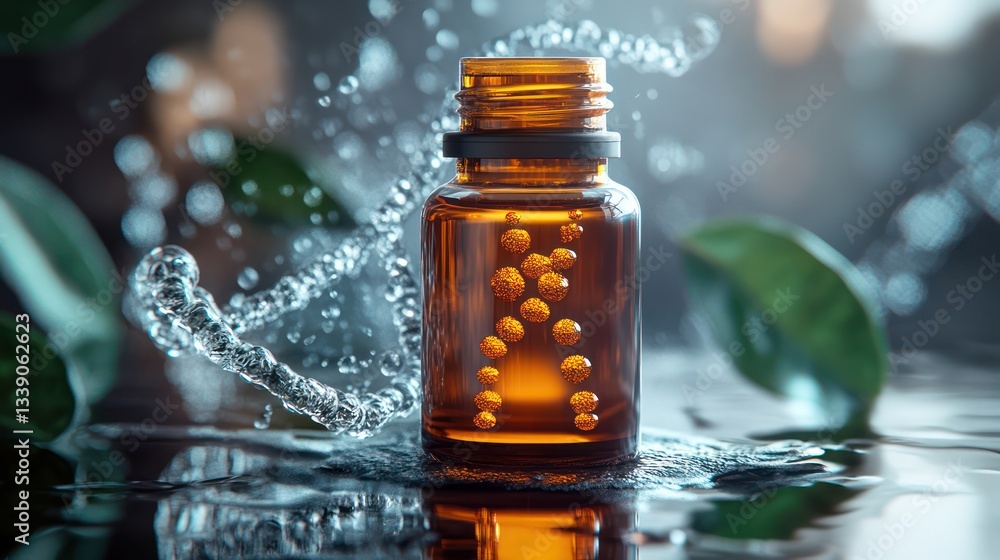 Brown Bottle of Water-Based Pills with Splash Brown Bottle of Water-Based Pills with Splash