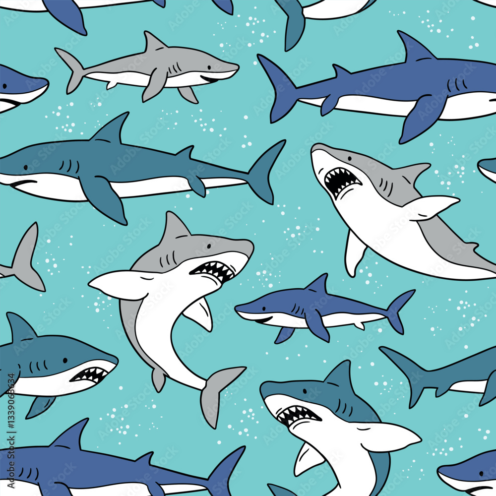 Fototapeta premium Seamless vector pattern with cute sharks. Hand drawn underwater sealife illustration. Perfect for textile, wallpaper or print design. EPS10 vector file.
