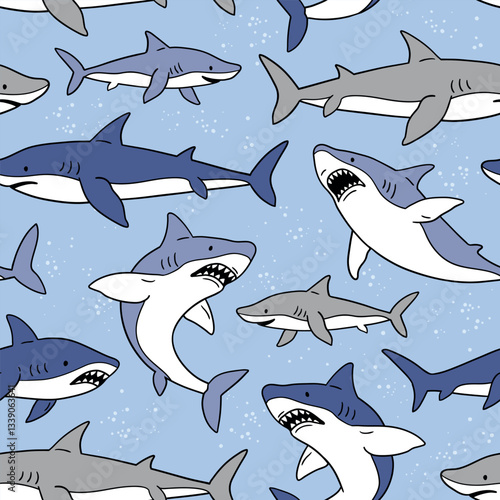 Seamless vector pattern with cute sharks. Hand drawn underwater sealife illustration. Perfect for textile, wallpaper or print design. EPS10 vector file. photo