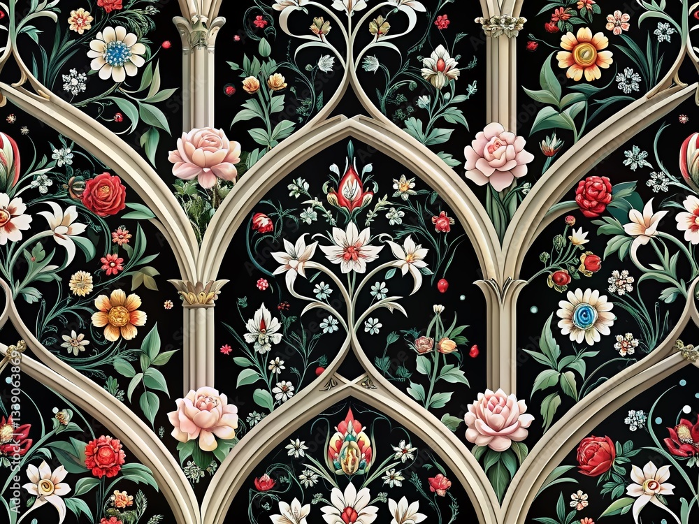 Elegant Black Gothic Floral Arch Pattern - White Architectural Design Background Elegant Black Gothic Floral Arch Pattern - White Architectural Design Background