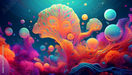 Surreal Bioluminescent Coral Reef with Floating Bubbles