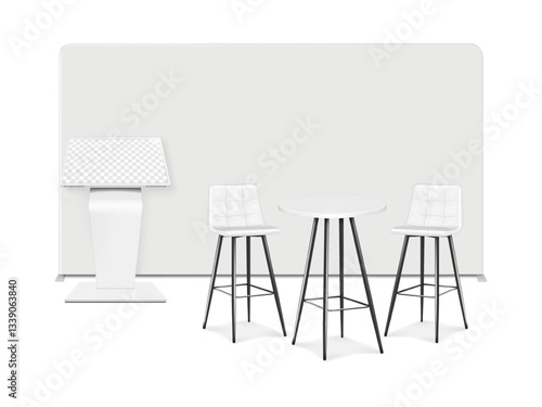 Trade show booth display kit mock-up. Expo tradeshow set template. backdrop banner stand, touch screen interactive kiosk, white round counter high exhibition table, two bar chairs. 3d vector mockup