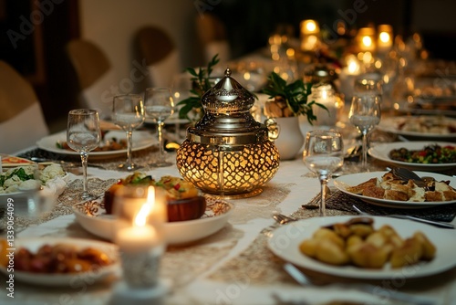 Eid holiday table. Ramadan family dinner. Breaking Fast, iftar. Arabic Middle Eastern traditional cuisine