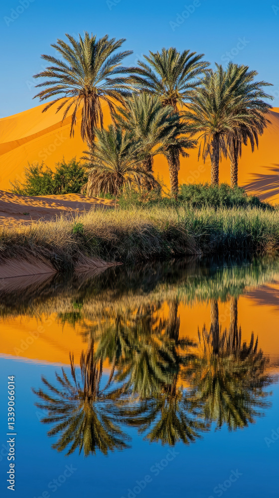 Obraz premium tranquil desert oasis with palm trees reflecting in calm water, surrounded by golden sand dunes