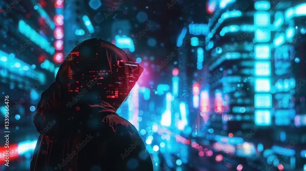 Mysterious Figure in Neon Cityscape