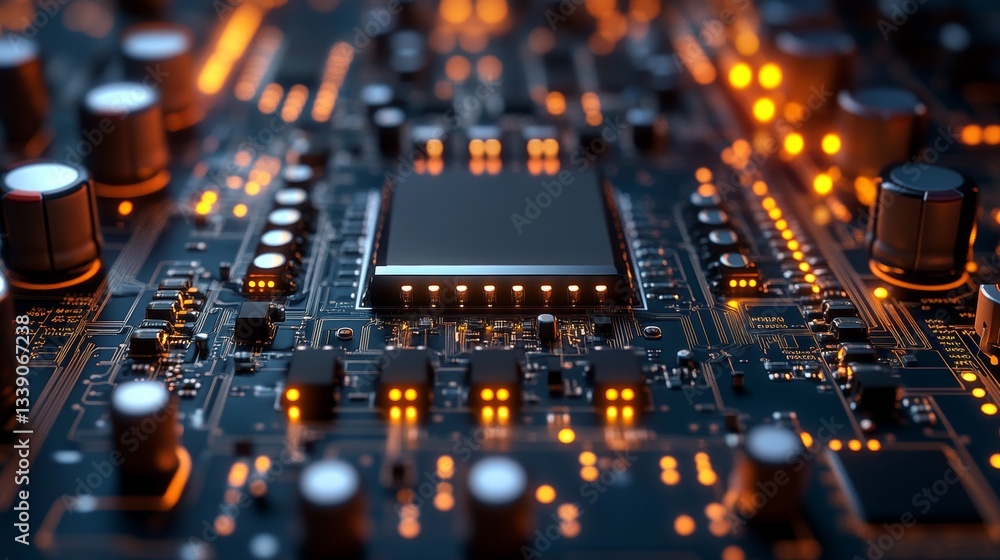 Close-up of illuminated central processing unit on circuit board. Close-up of illuminated central processing unit on circuit board.