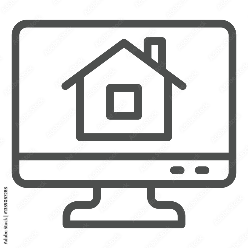 House at monitor screen line icon, real estate concept. Vector graphics. Display with cottage building sign on white background, outline style icon for mobile or web design. House at monitor screen line icon, real estate concept. Vector graphics. Display with cottage building sign on white background, outline style icon for mobile or web design.