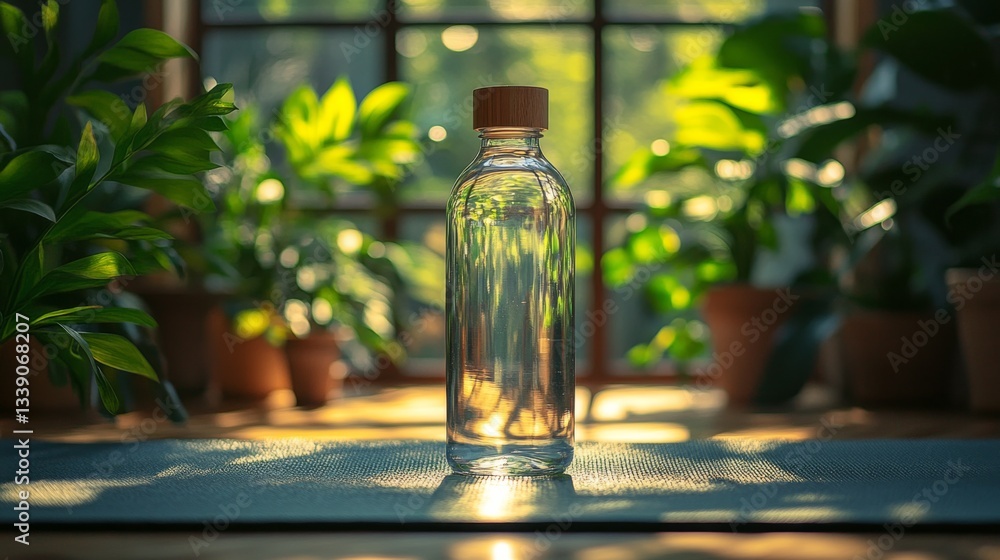 A clear glass water bottle is placed upright on a blue mat, illuminated by warm sunlight pouring in through large windows, highlighting vibrant green plants in the background. A clear glass water bottle is placed upright on a blue mat, illuminated by warm sunlight pouring in through large windows, highlighting vibrant green plants in the background.