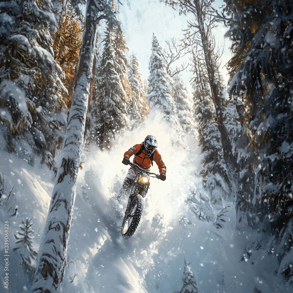Adventurous snow biking winter forest action photography snowy environment dynamic viewpoint thrilling concept Adventurous snow biking winter forest action photography snowy environment dynamic viewpoint thrilling concept