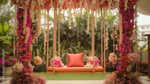 Vibrant Floral Swing Decor for a Wedding Ceremony