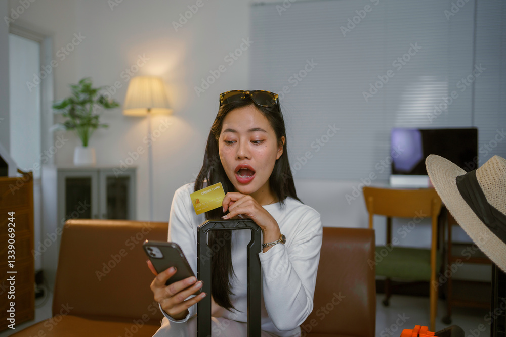 Young woman with sunglasses and suitcase is using a smartphone and credit card to book a trip online, showing a surprised expression Young woman with sunglasses and suitcase is using a smartphone and credit card to book a trip online, showing a surprised expression