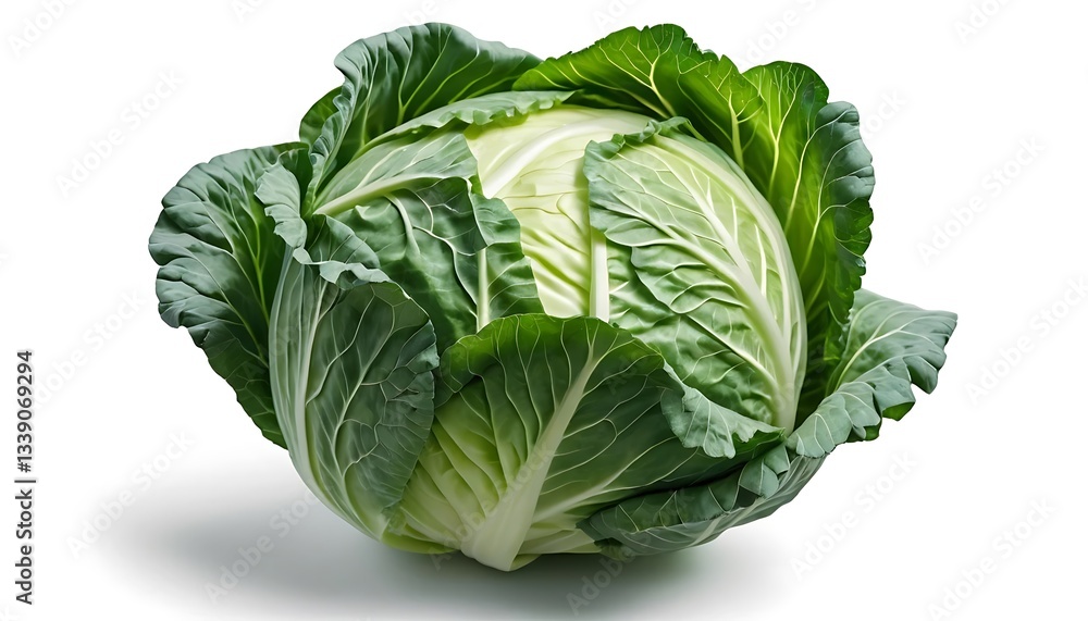 Obraz premium Fresh Green Cabbage Head Isolated on White Background Close Up