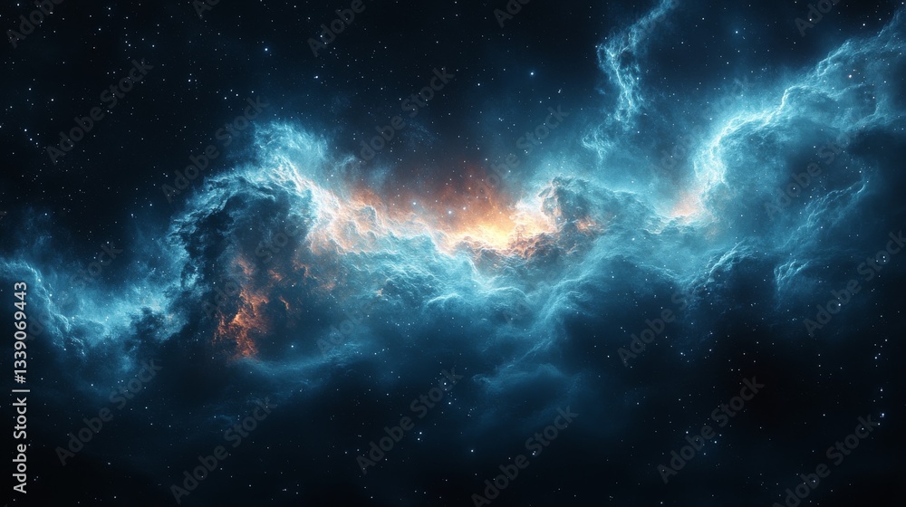 Fototapeta premium Glowing nebula in deep space with blue and orange hues.