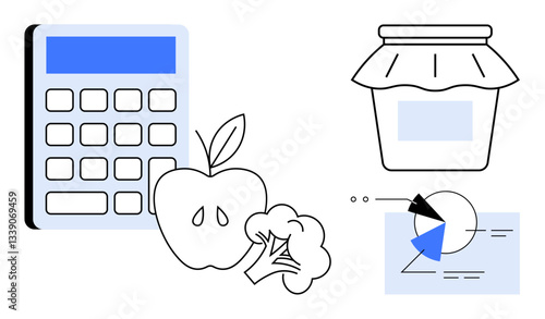 Calculator, apple, broccoli, preserved jar, and data chart represent healthy eating, budgeting, meal planning, personal finance nutrition education grocery shopping and food cost analysis. Flat