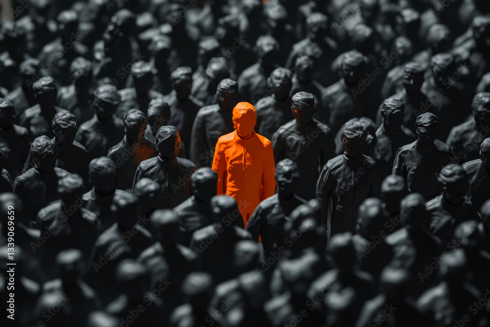 Fototapeta premium Unique Individual in Vibrant Orange Among Uniformed Figures in Dark Environment