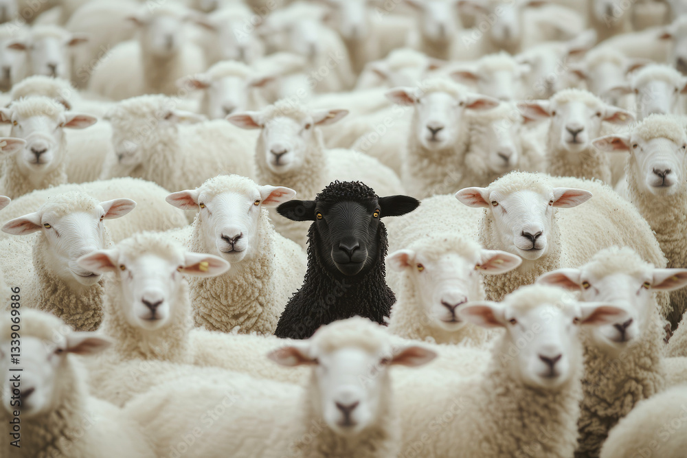 Fototapeta premium Black Sheep Standing Out in a Field of White Sheep, Symbolizing Individuality and Diversity