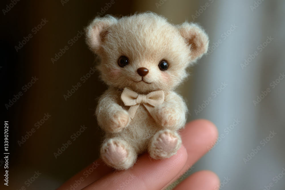 Fototapeta premium Sweet and Adorable Handmade Teddy Bear Doll in Soft White Fur with Bowtie and Cute Features