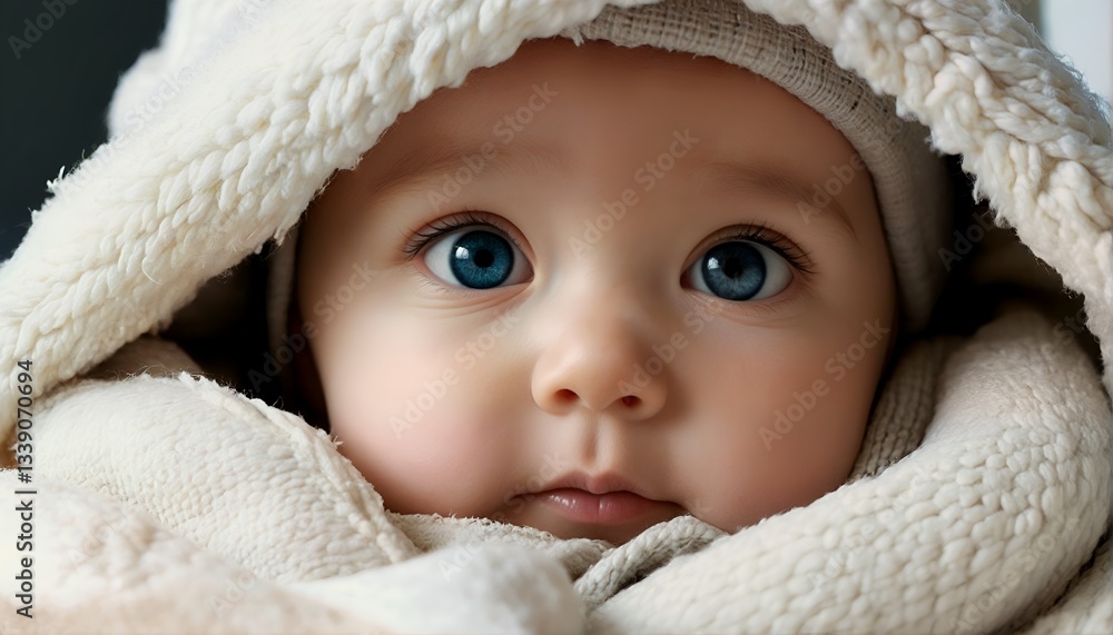 Two images of blue-eyed babies wrapped up in white blankets. Two images of blue-eyed babies wrapped up in white blankets.