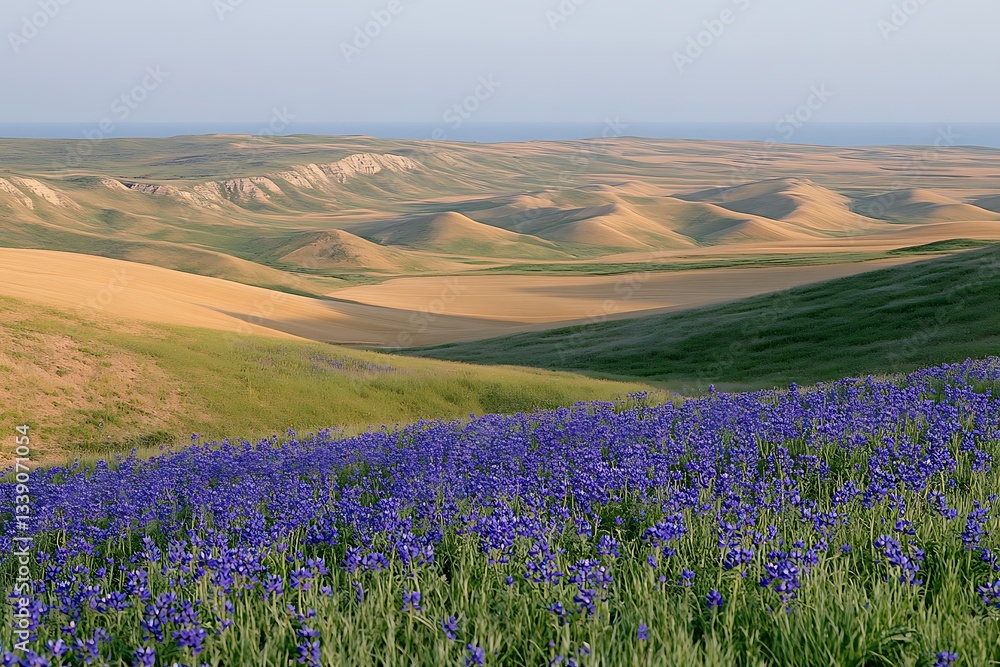 Fototapeta premium Beautiful field of blue flowers spreading across the ground under a clear bright blue sky