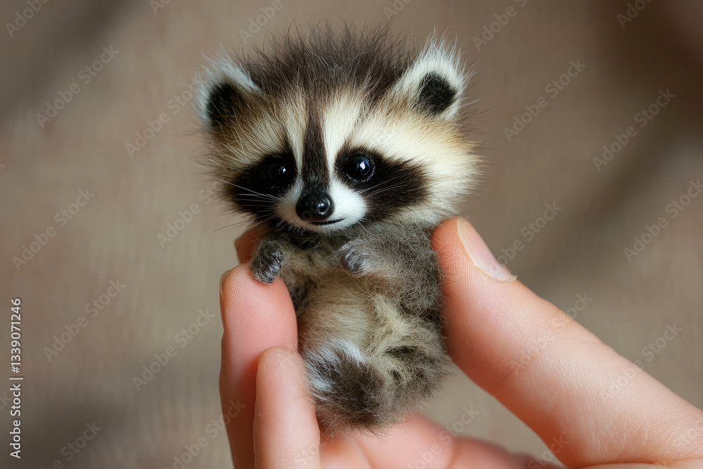 Obraz premium Adorable Baby Raccoon Cuddled in Human Hand with Soft Fur and Big Eyes