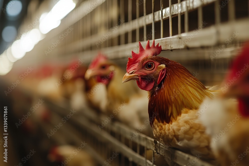 Close-up of Chickens in a Farm Cage