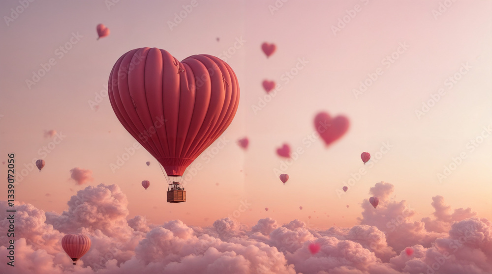 Obraz premium A red hot air balloon with a heart on it is flying in the sky