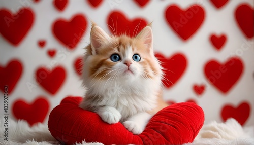 a cute cat sitting on a red heart pillow in front of a background with many hearts.