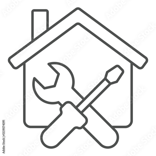 House, screwdriver and wrench thin line icon, housework concept. Vector graphics. Cottage building with repair tools sign on white background, outline style icon for mobile or web design.