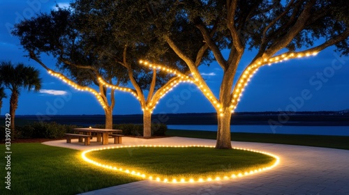 Vintage-style lightbulbs on strings crisscrossing between trees in a backyard setting with space for tables underneath photo