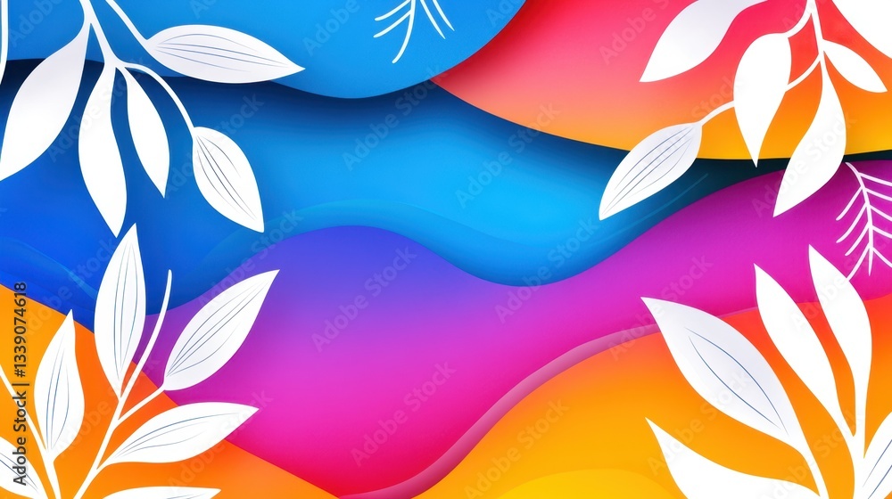 Obraz premium Watercolor-effect splotches in tropical hues with white line art summer elements layered on top