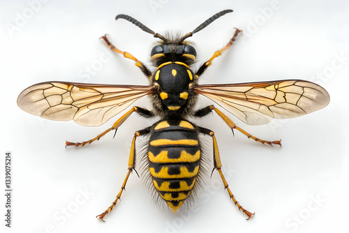 Macro vespe showing fine details of wings and striking yellow black markings