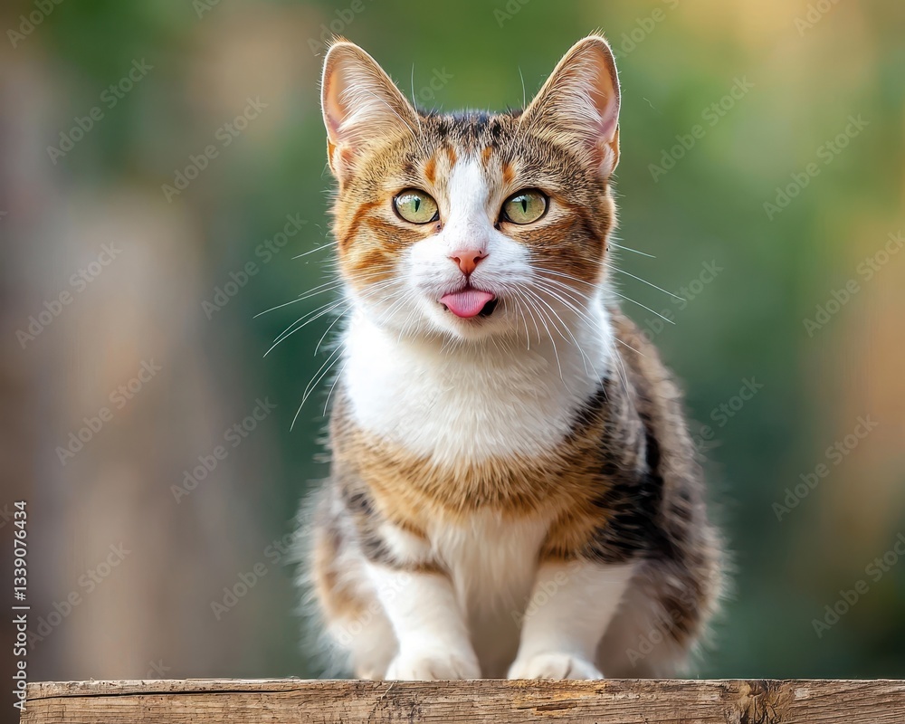 Playful Cat Sticking Out Tongue with Blurry Nature Background Playful Cat Sticking Out Tongue with Blurry Nature Background