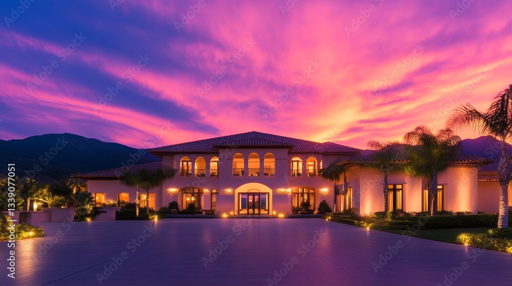 Fototapeta premium Stunning sunset view of a luxurious mansion with palm trees and vibrant sky color