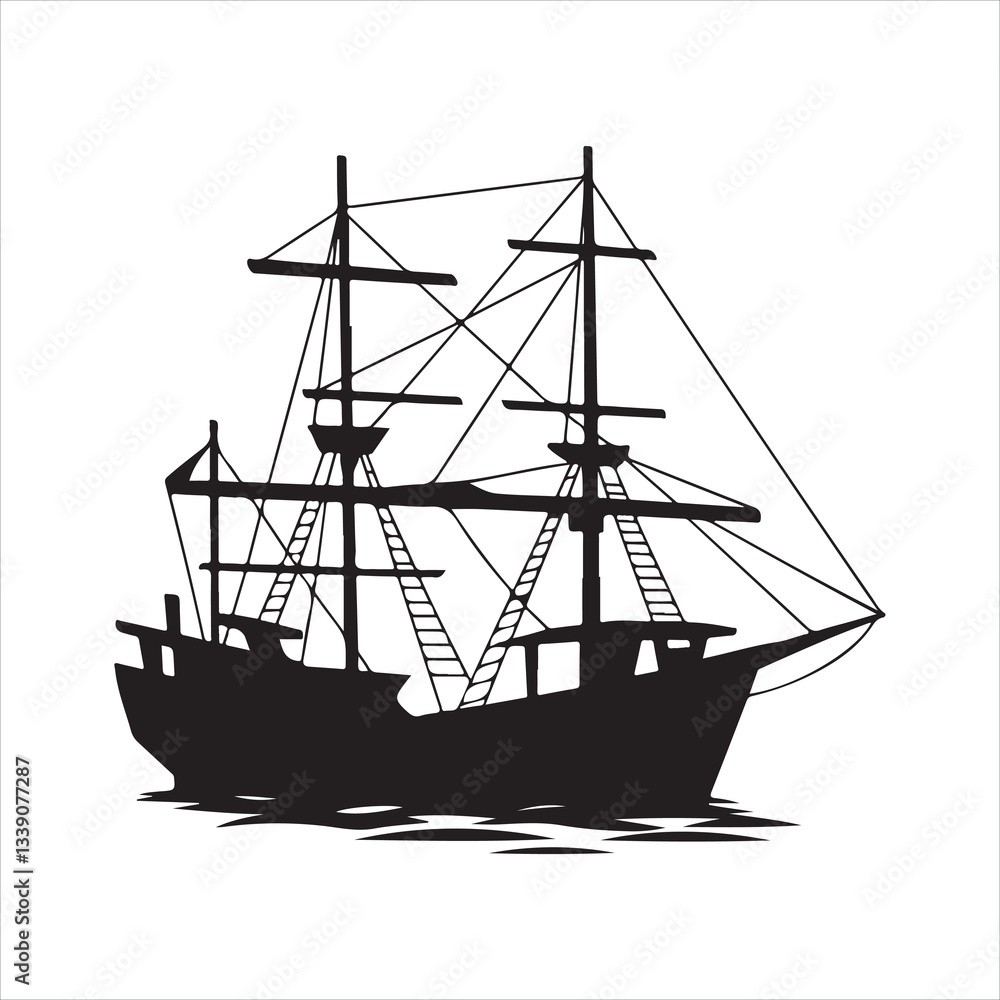 Fototapeta premium Fishing ship deploying nets in the sea Silhouette 