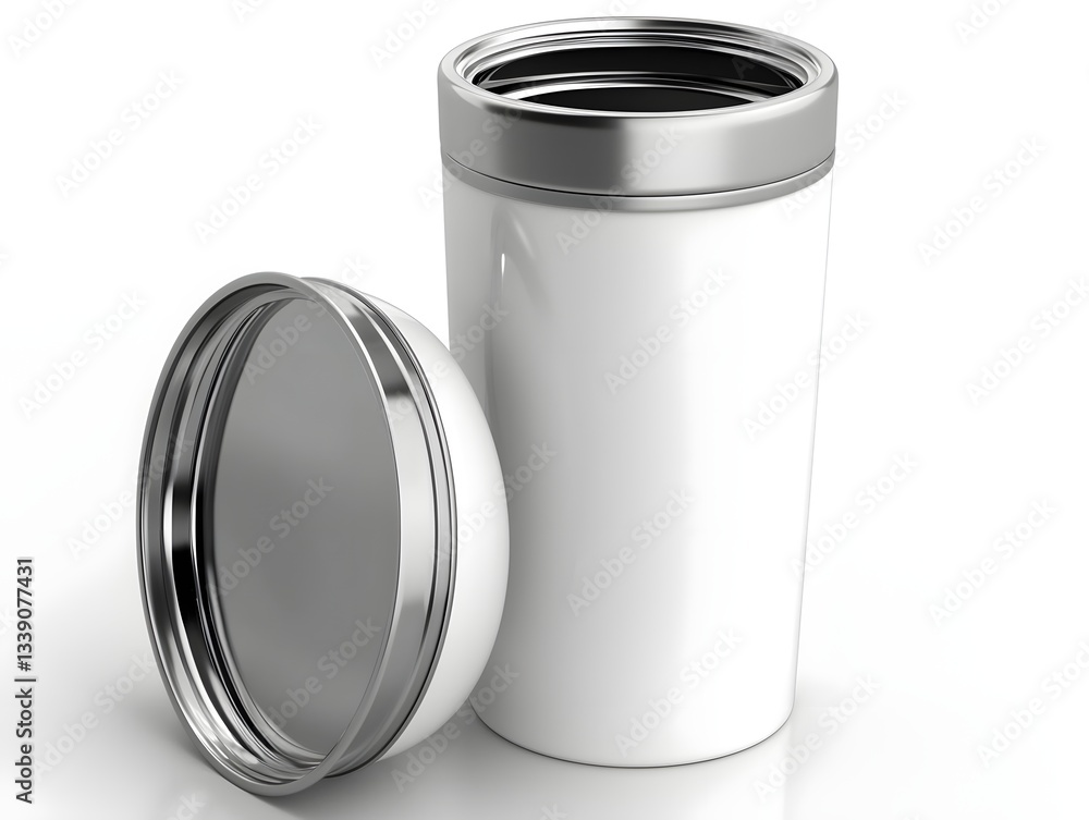 Premium Stainless Steel Spill Proof Travel Mug with Sleek Metallic Lid on White Background Premium Stainless Steel Spill Proof Travel Mug with Sleek Metallic Lid on White Background
