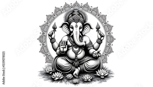 Ganesha Illustration Sitting with Lotus Flowers and Decorative Mandala Art