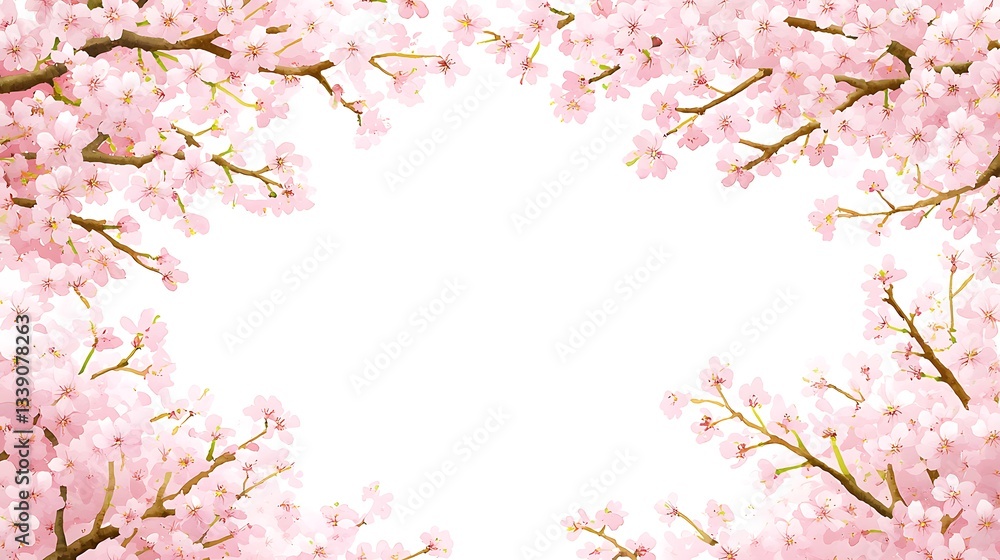 Fototapeta premium Delicate Cherry Blossom Frame with Pink Flowers and Branches on White Background, Ideal for Creative Design