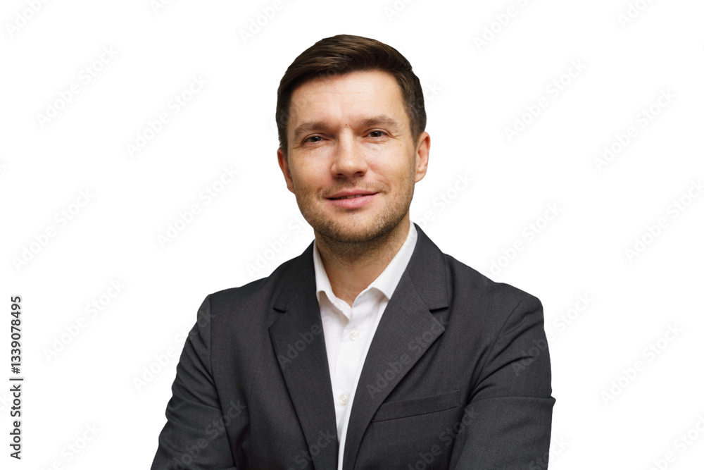 Business professional poses confidently in a formal suit against a white background Business professional poses confidently in a formal suit against a white background