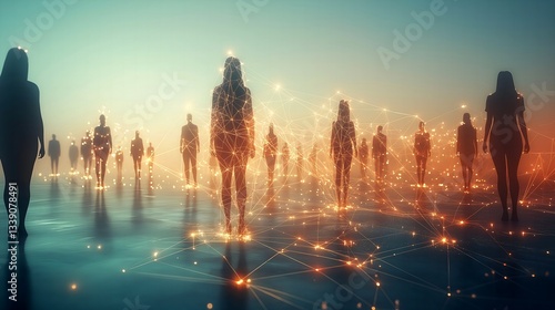 Connected Humanity: Diverse People Linked by Glowing Threads of Light – Symbolizing Unity, Society, and Interdependence in a Vast Open Space. Generative AI 