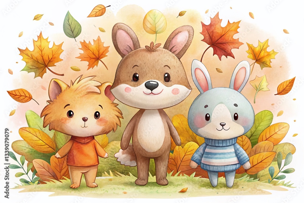 Naklejka premium Cute Animal Friends in Autumn Leaves: Whimsical Children's Illustration