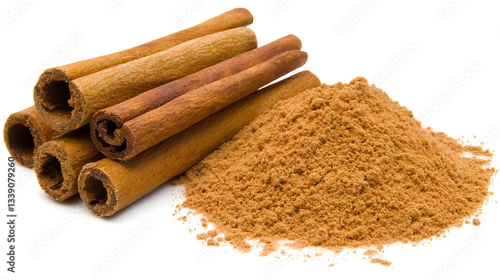 Ground Cinnamon Powder with Cinnamon Sticks on White Background for Culinary and Aromatic Use Ground Cinnamon Powder with Cinnamon Sticks on White Background for Culinary and Aromatic Use