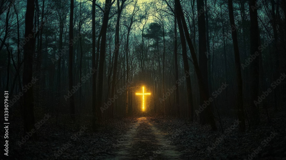 Obraz premium Luminous Cross in a Dark Forest