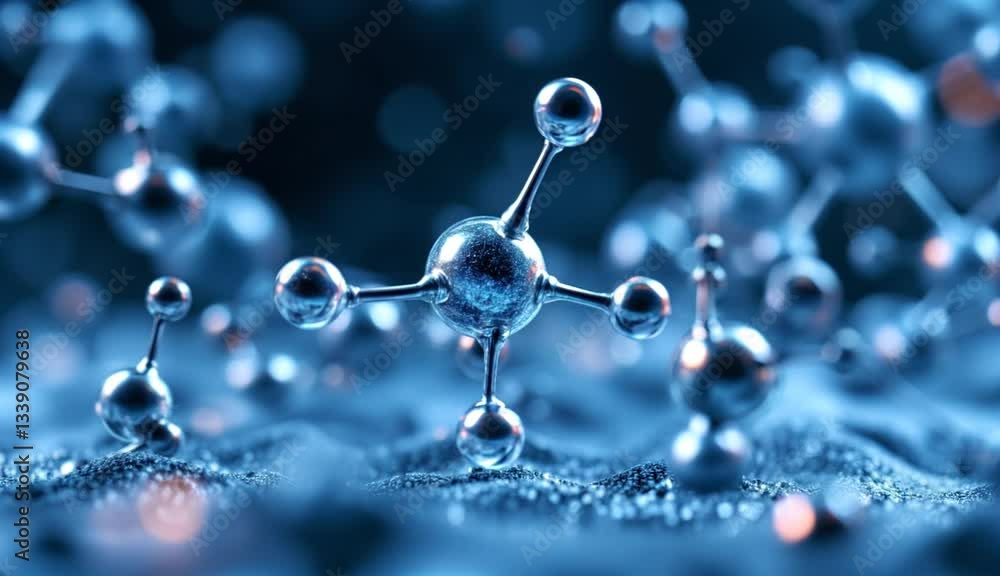 Molecules structure with atoms bonds. Metallic spheres dark background. Medical research science innovation. 3D rendering blue toned video Molecules structure with atoms bonds. Metallic spheres dark background. Medical research science innovation. 3D rendering blue toned video